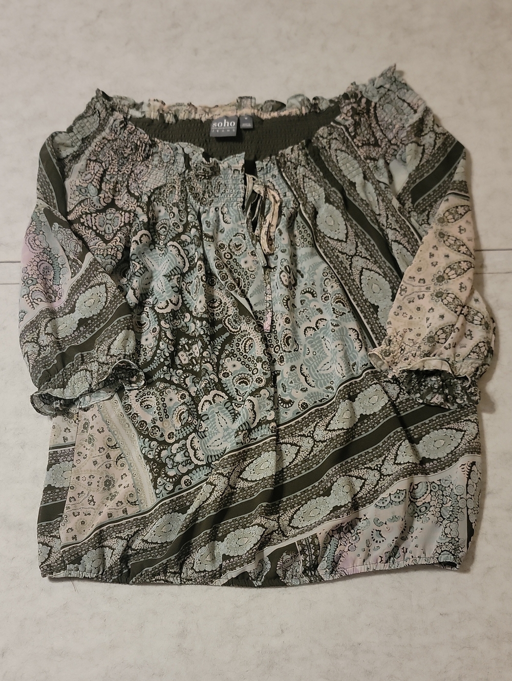 Soho Jeans NY&Co Olive Green Paisley Off Shoulder Peasant Blouse Boho M